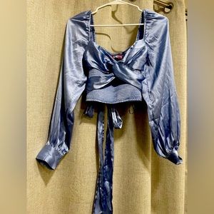urban outfitters blue satin ballon sleeve crop shirt blouse